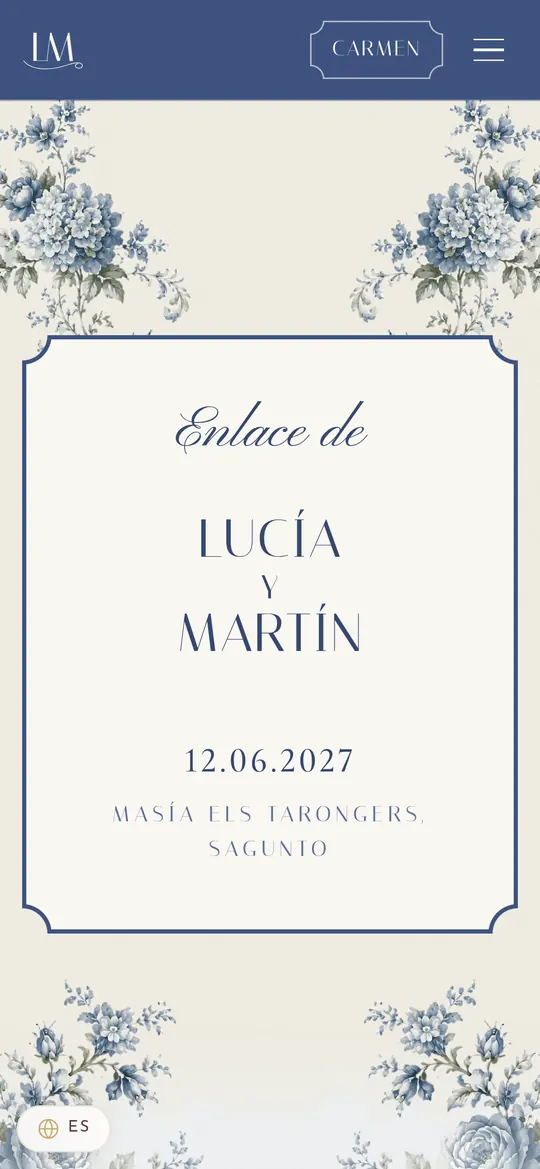 Diseño Hortensia: los nombres de la pareja en una tarjeta marfil enmarcada por hortensias azules en acuarela